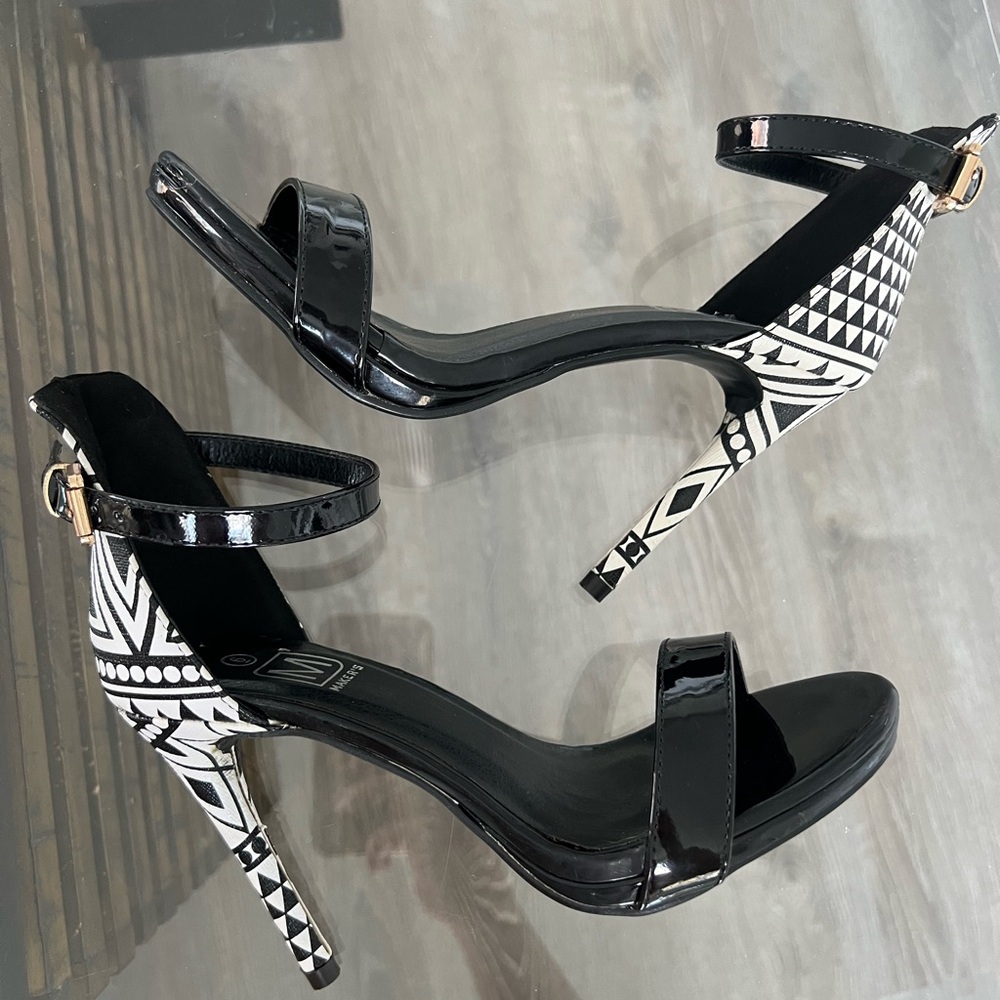 Black and White High Heel Sandals with Zebra Pattern
